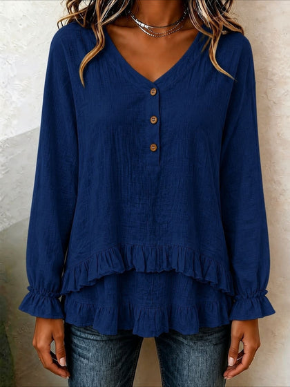 V-Neck Button Detail Long Sleeve Ruffle Hem Blouse