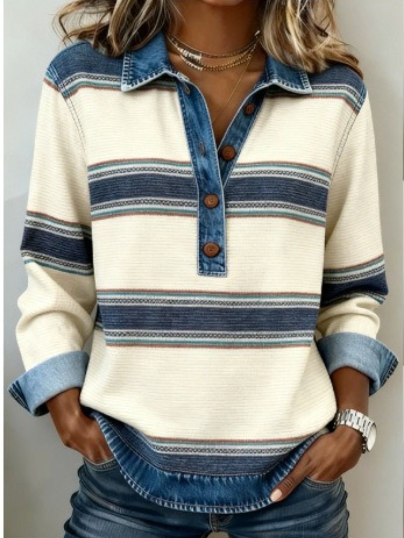 Striped Printed Twist College Style Denim Splicing Versatile Casual Knitted Lapel Long Sleeve Sweatshirts