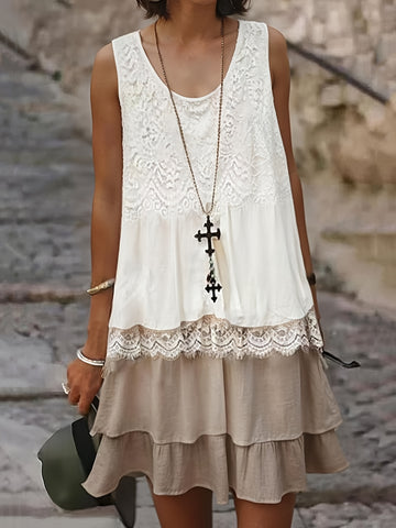 Bohemian Lace Detail Layered Dress Sleeveless Round Neck Mini Dress