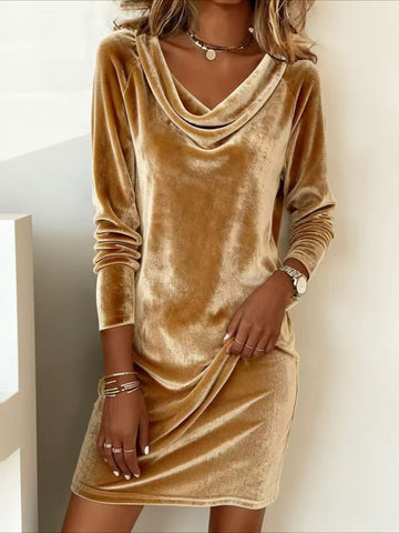 Long Sleeve Spring/Fall Golden Plain Split Joint Mini A-Line Fit & Flare Dress