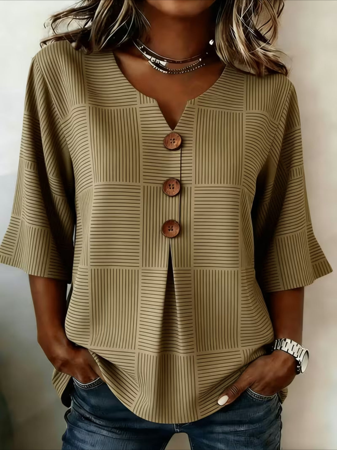 Striped V Neck Button Short Ruffle Sleeve Casual Top