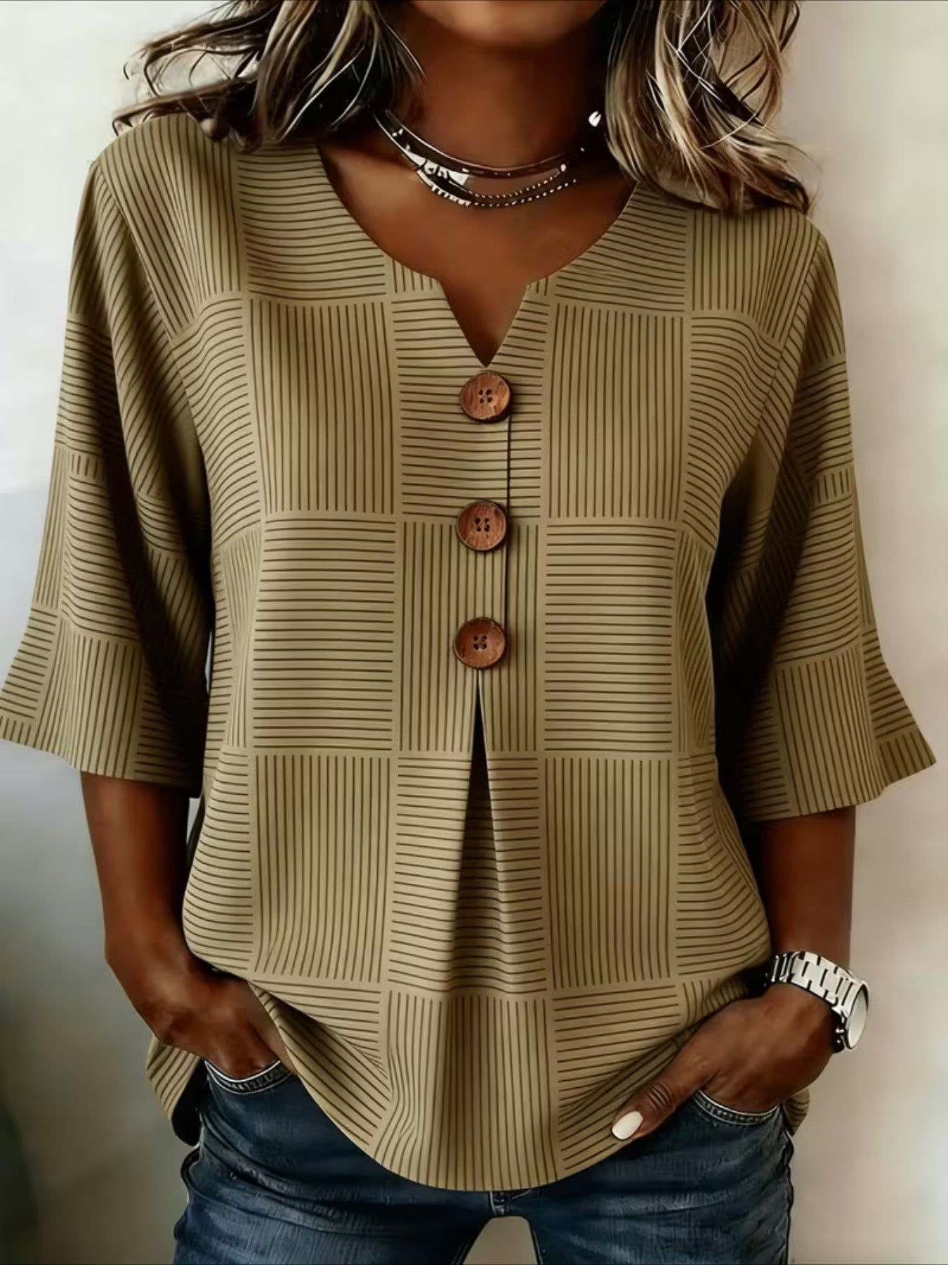 Striped V Neck Button Short Ruffle Sleeve Casual Top