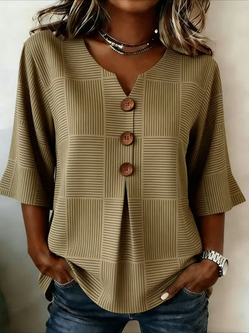 Striped V Neck Button Short Ruffle Sleeve Casual Top