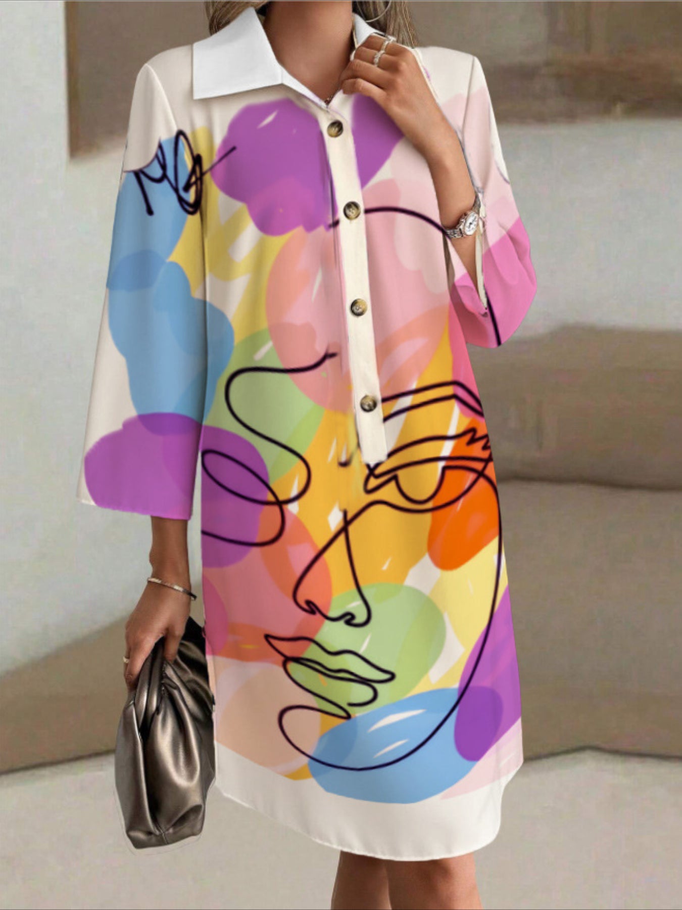 Long Sleeves and Pockets Loose Fit Floral Print Shirt Dress with Button Front