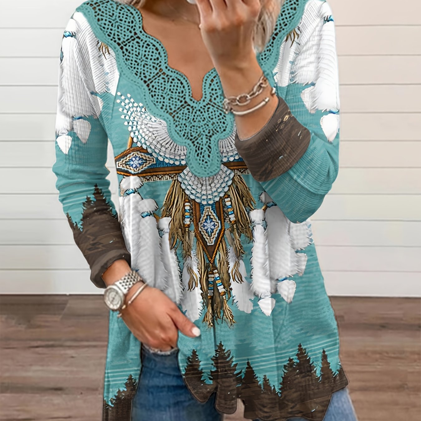 Lace Trim Flared T-shirt, Tribal Print Long Sleeve V Neck Loose T-shirt