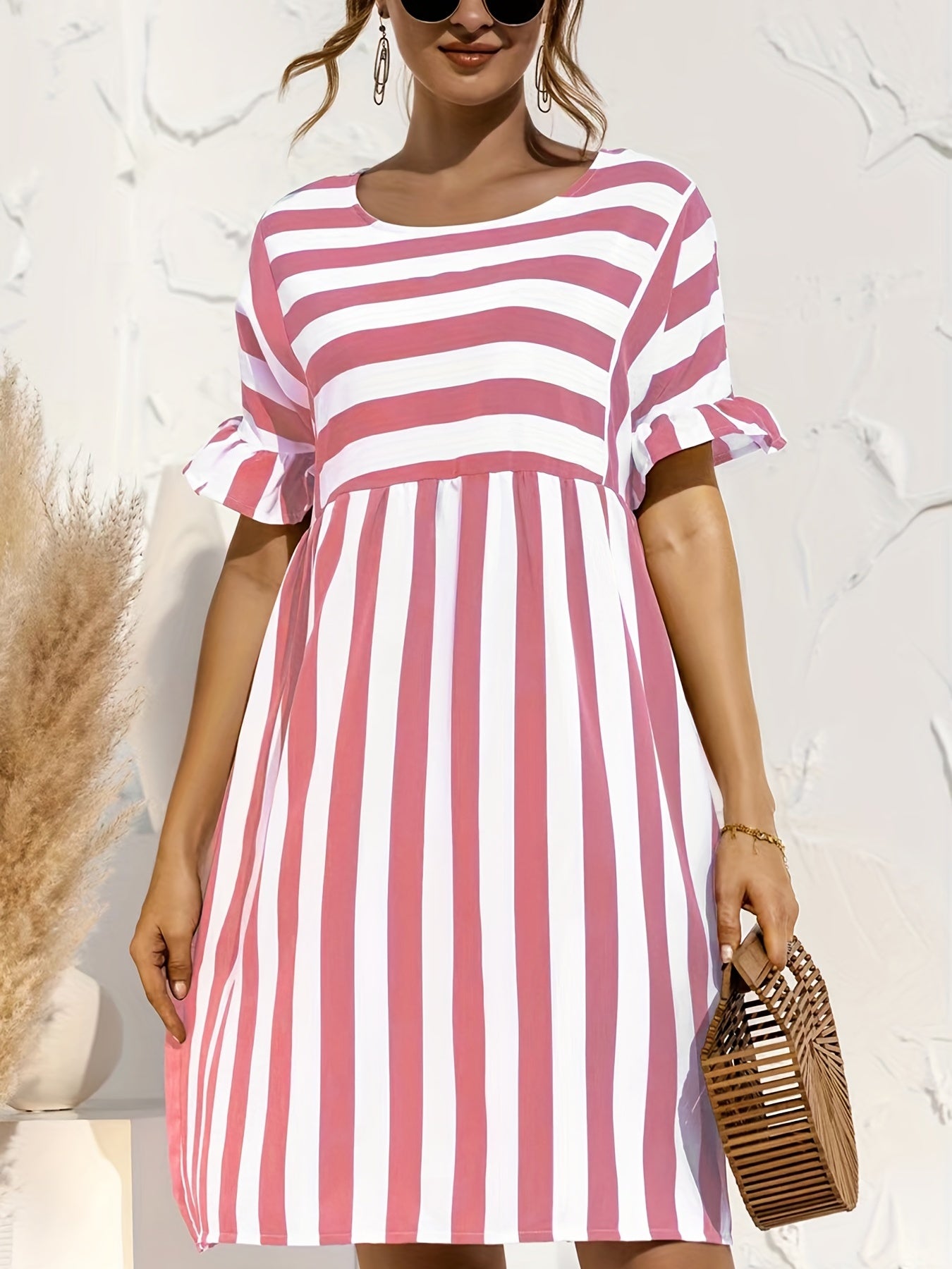 Short Sleeve Beach Dress, Crew Neck Vacation Casual Dress