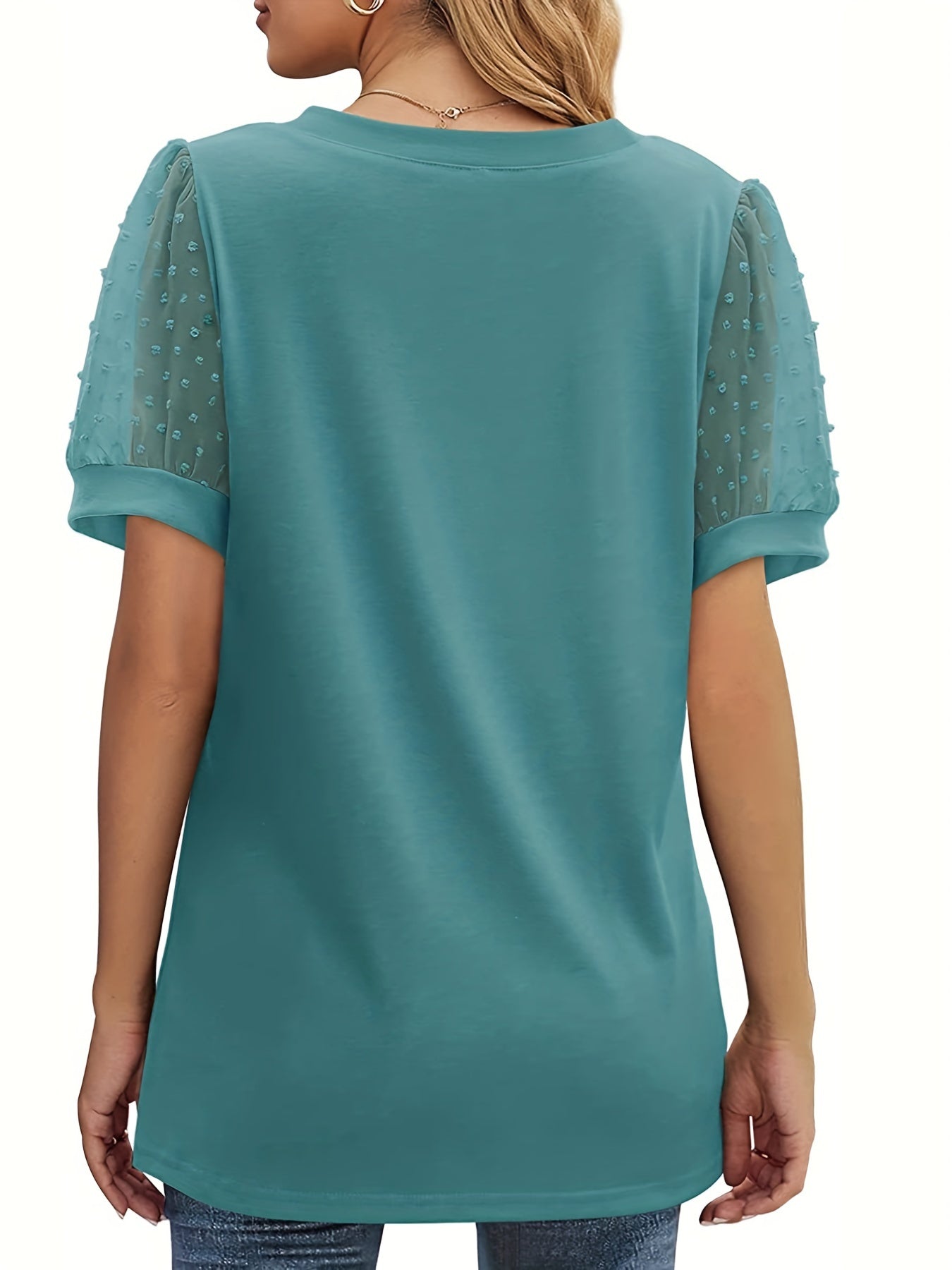 Swiss Dot Mesh V Neck T-Shirt, Casual Short Sleeve T-Shirt