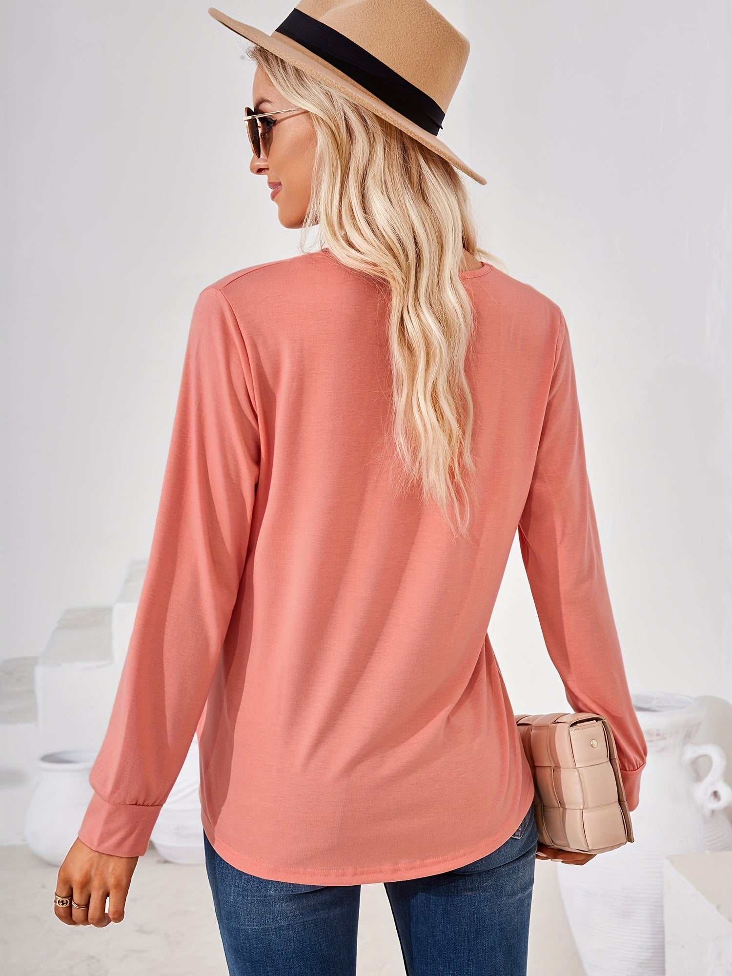 Solid Square Long Sleeve T-Shirt, Casual T-Shirt
