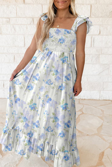 Sky Blue Floral Smocked High Waist Double Ruffle Sleeveless Long Dress