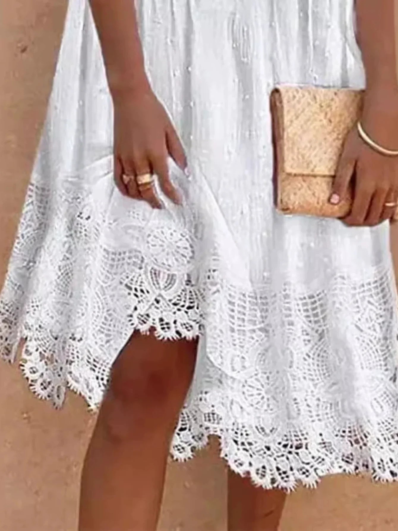 Swiss Dot Dress, Elegant V Neck with Lace Hem