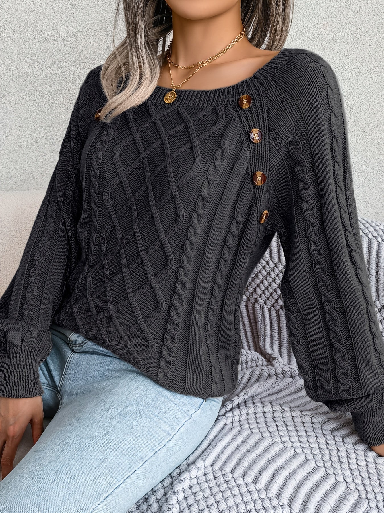 Cozy Women's Sweater with Textured Button Lantern Sleeves
