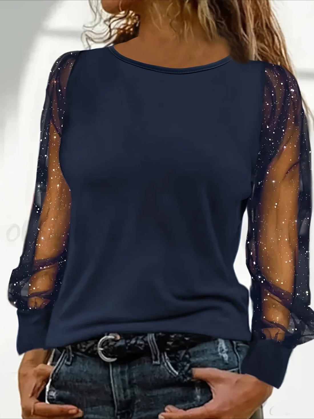 Casual Long Sleeve Sequined Contrast Mesh Top