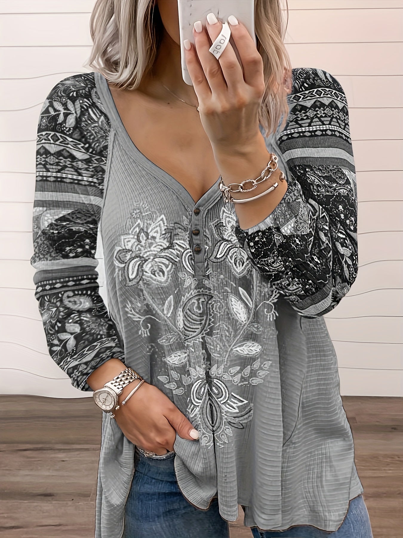 Paisley Print Long Sleeve T-shirt, Women's Slight Stretch V Neck Casual Pullover Top