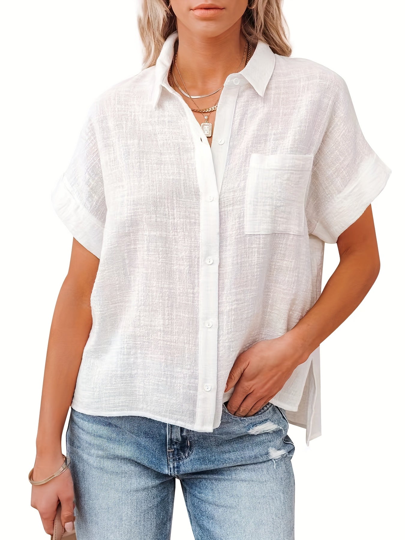 Solid Color Short Sleeve Blouse, Casual Button Front Blouse