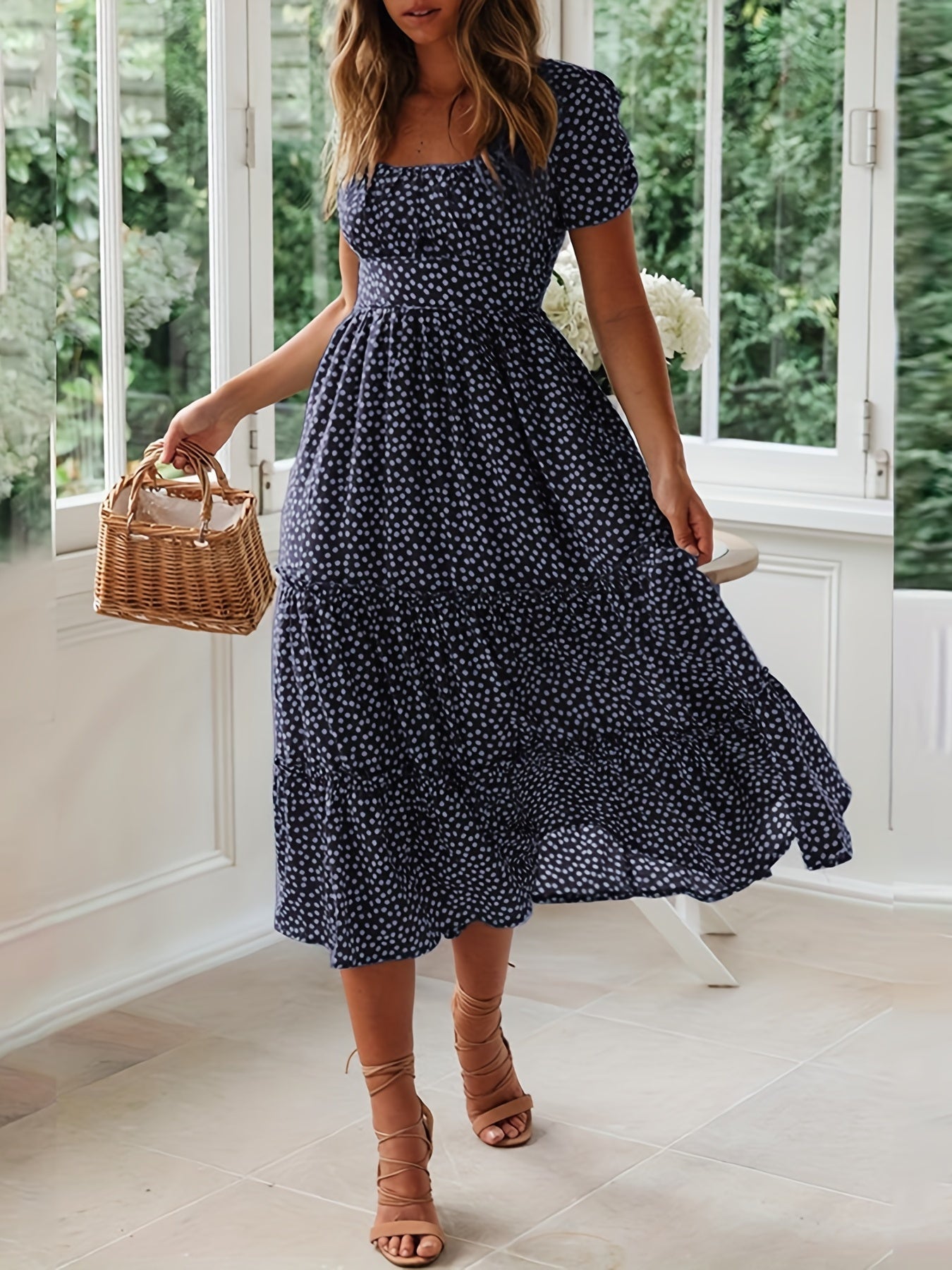 Polka Dot Ruffle Hem Dress, Casual Square Neck Short Sleeve Dress
