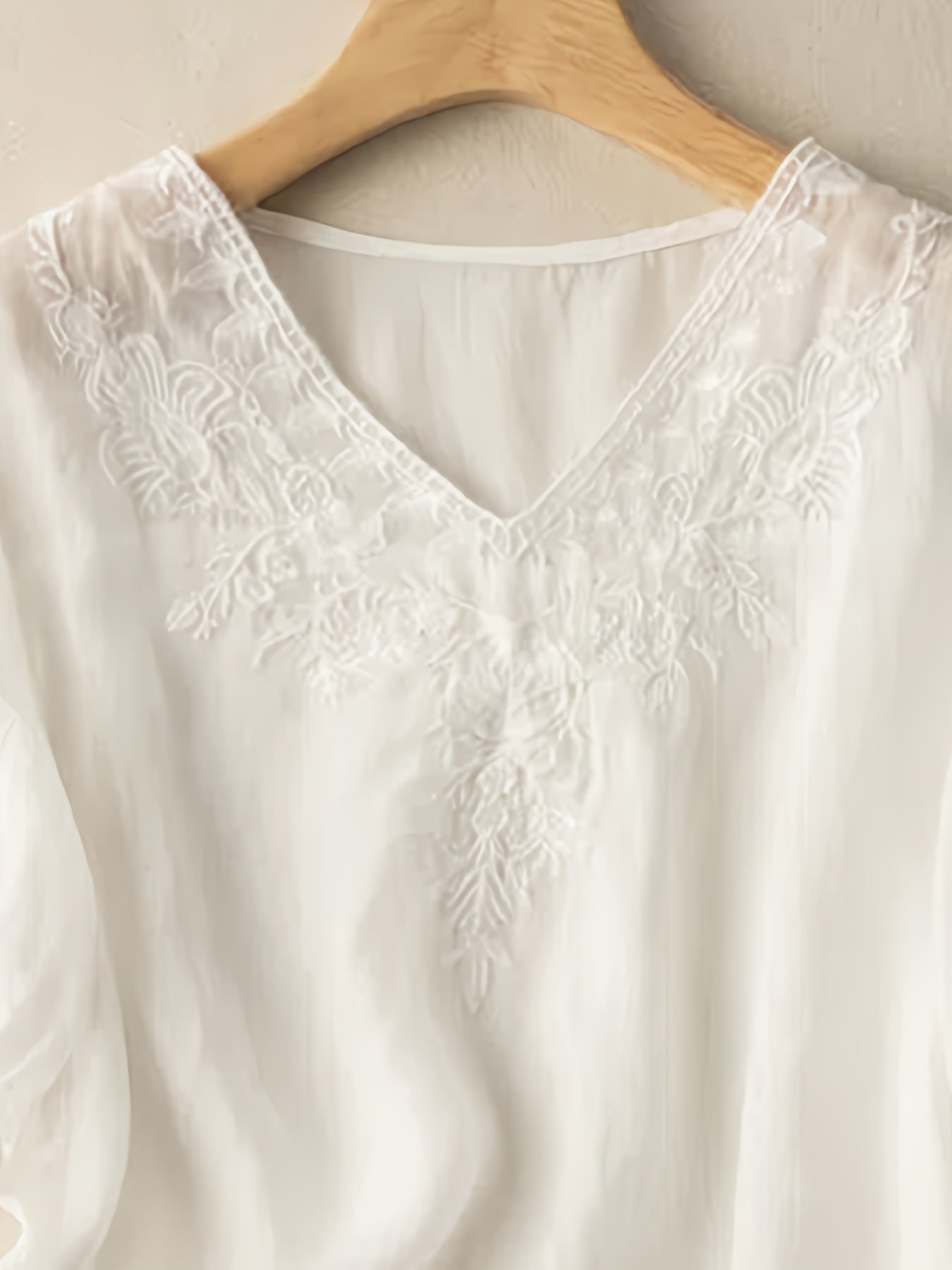 Floral Embroidery V Neck T-shirt, Vintage Half Sleeve Cotton Loose T-shirt
