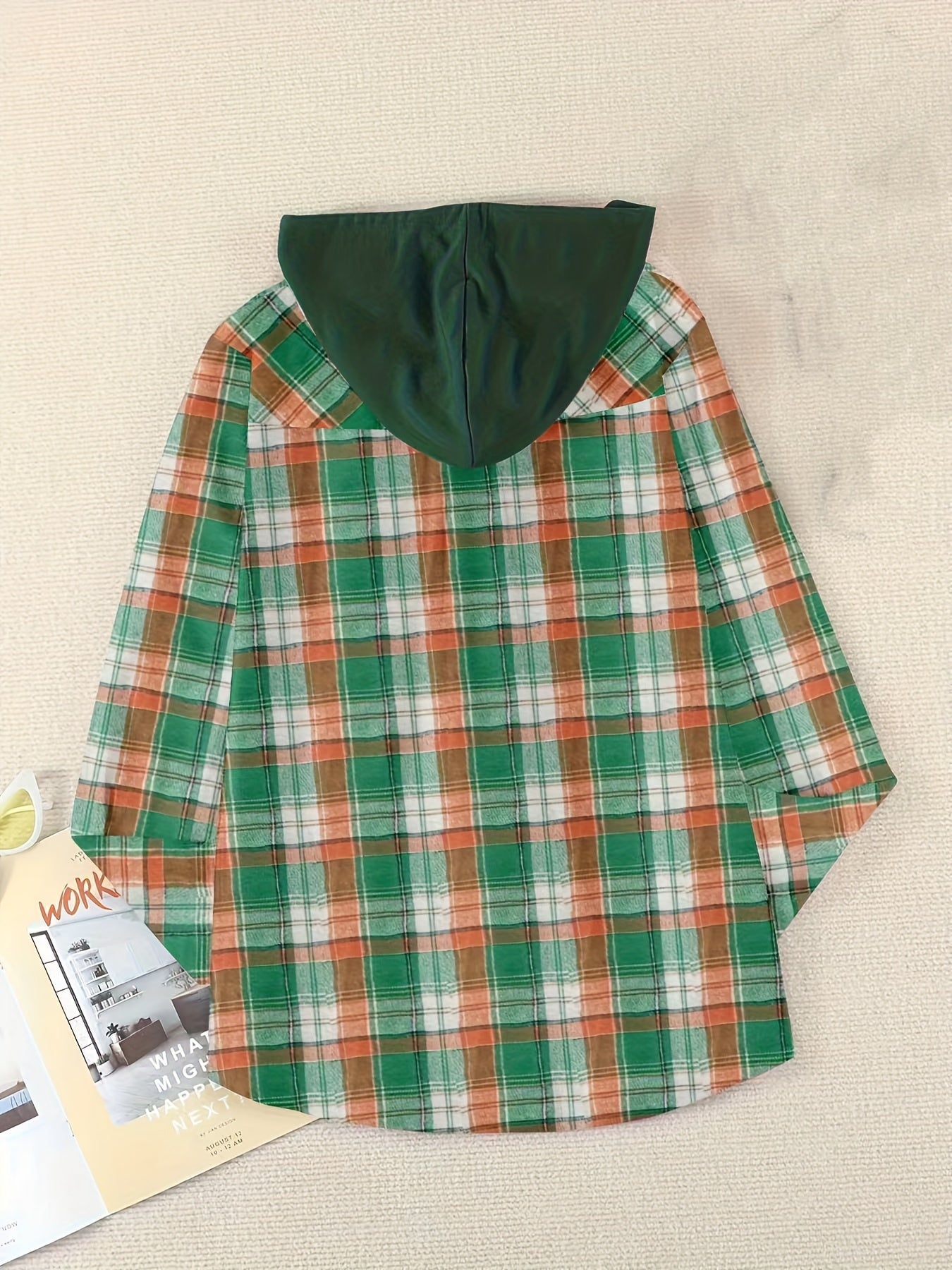 Plaid Print Hooded Shirt, Casual Long Sleeve Drawstring Shirt
