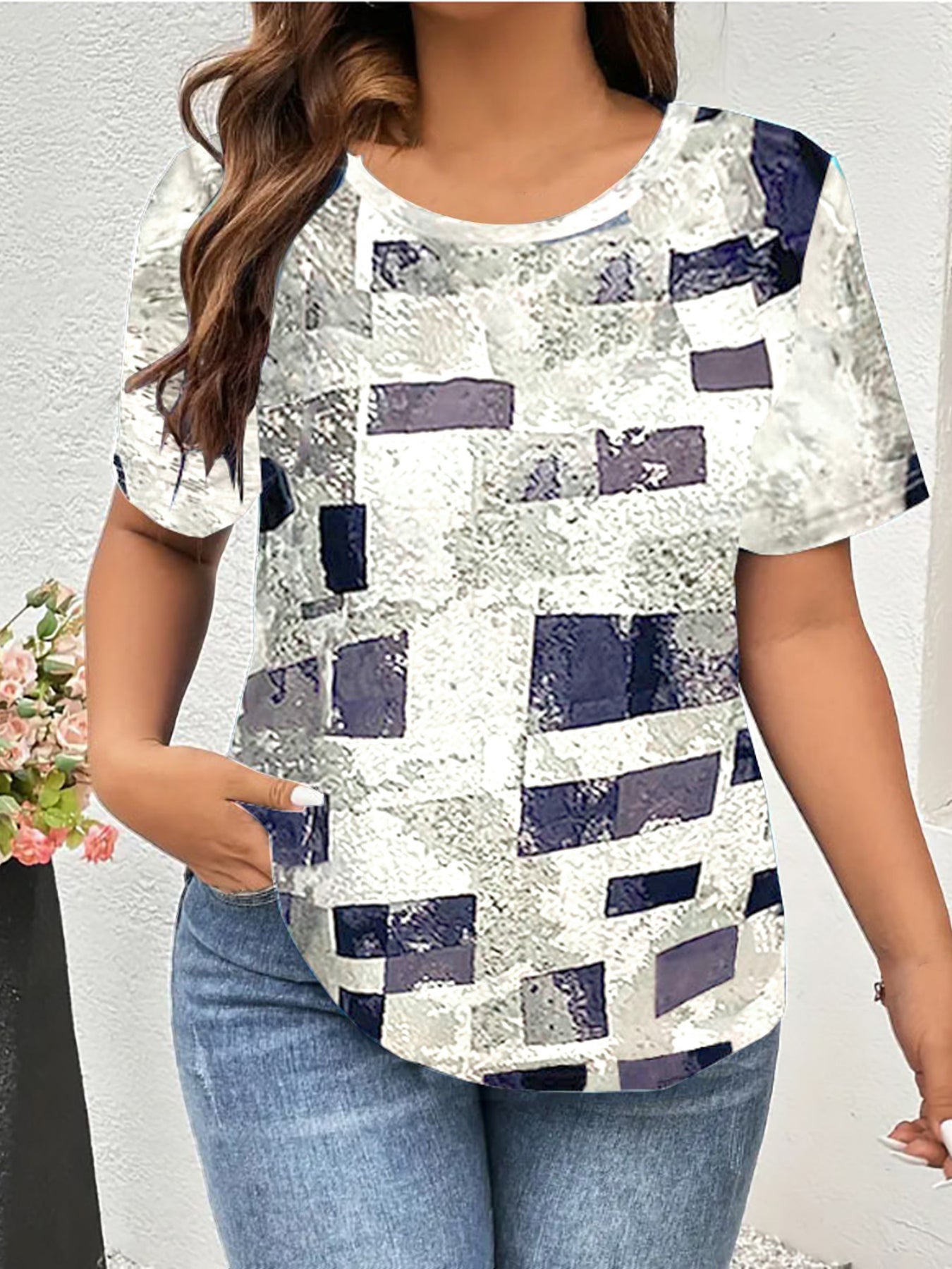 Color Block Print T-shirt, Casual Crew Neck Short Sleeve Top