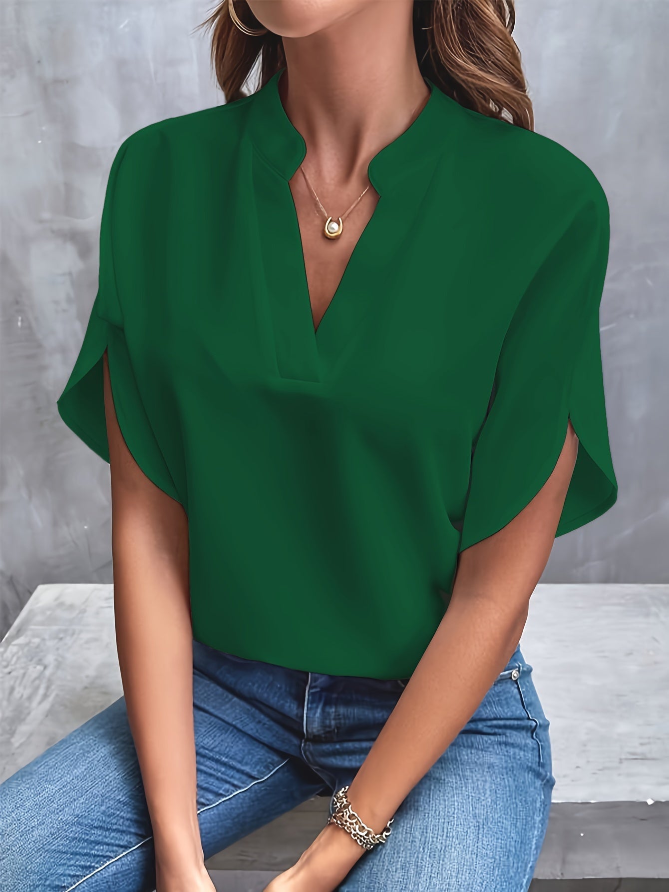 Women's Casual Notch Neck Blouse with Split Sleeves