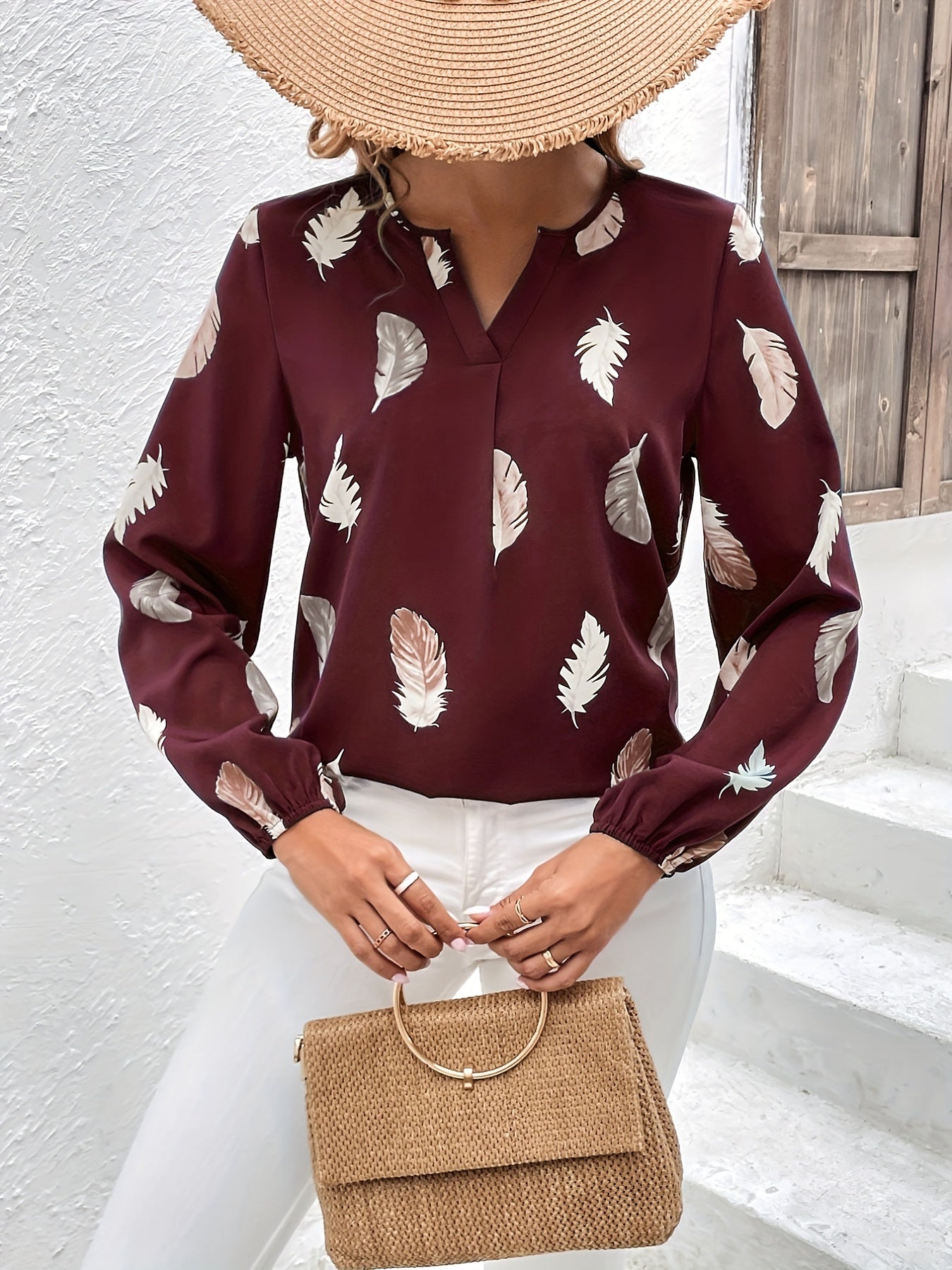 Feather Printed V-neck Loose Shirts, Casual Long Sleeve Fashion Shirts