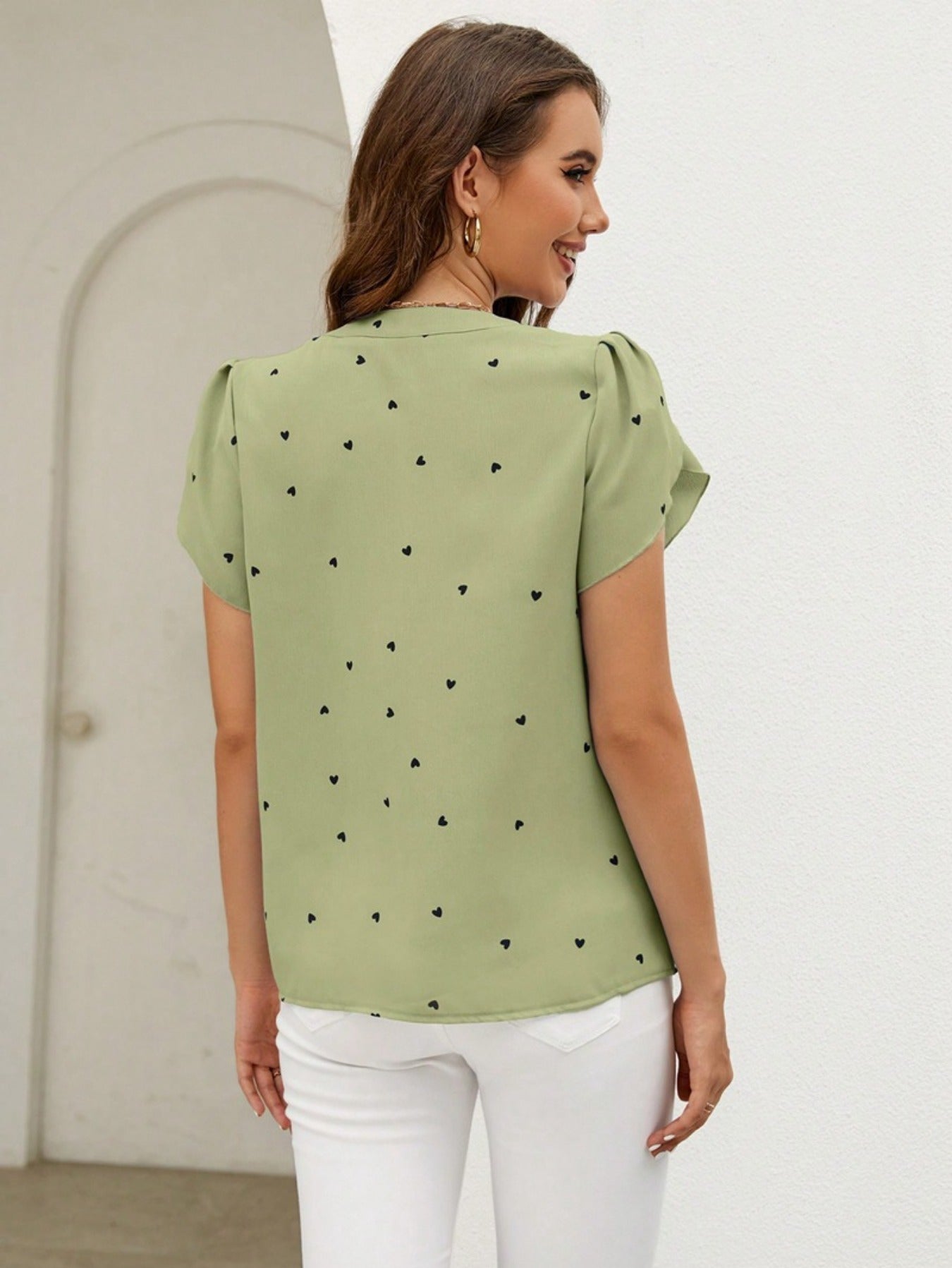 Short Sleeve Shirt With Heart Print And Petal Hem