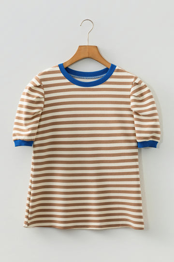Brown Stripe Short Puff Sleeve Contrast Trim Round Neck Tee