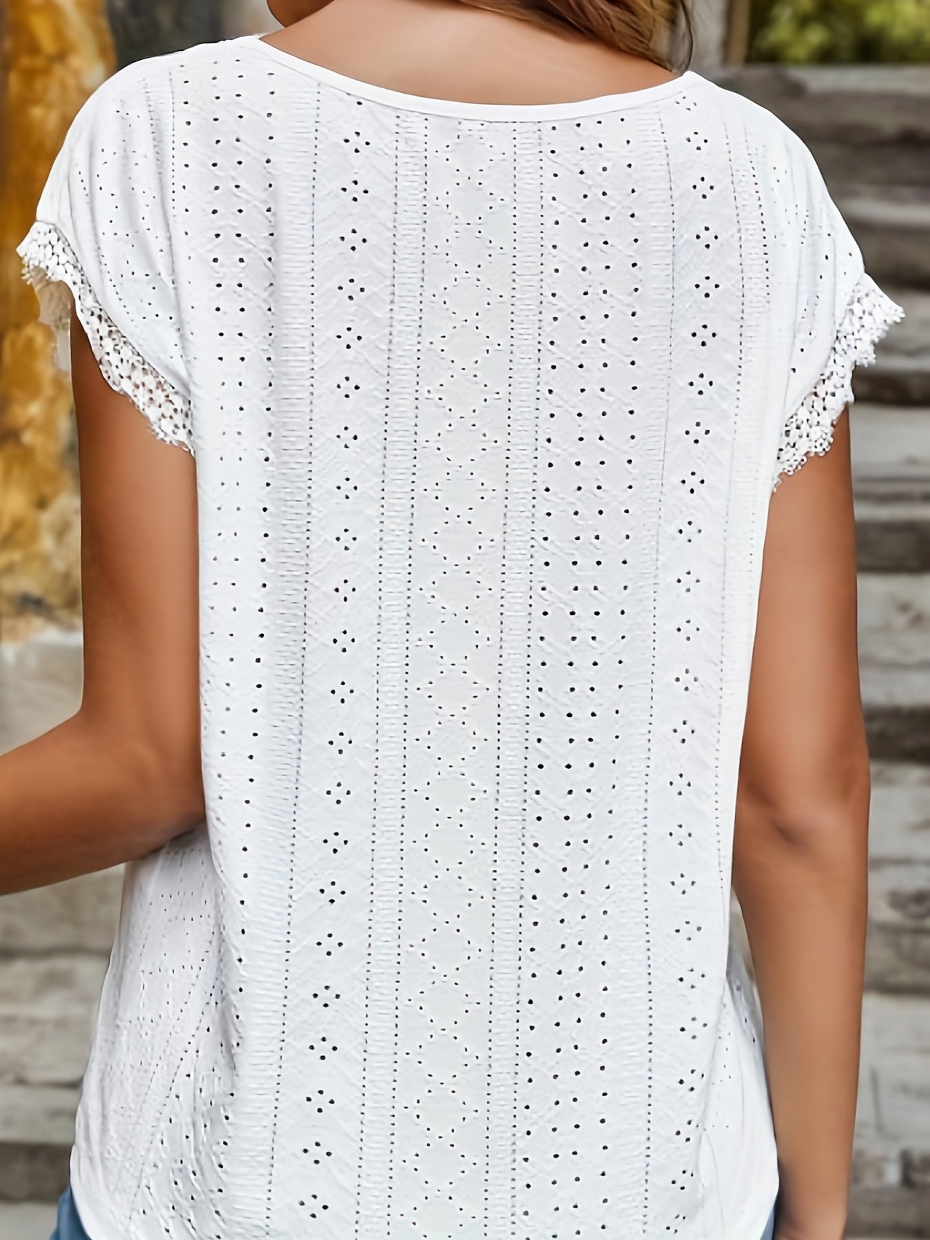 Elegant T-shirt, Women's Eyelet Embroidery Contrast Lace Trim V Neck Short Sleeve Slight Stretch T-shirt