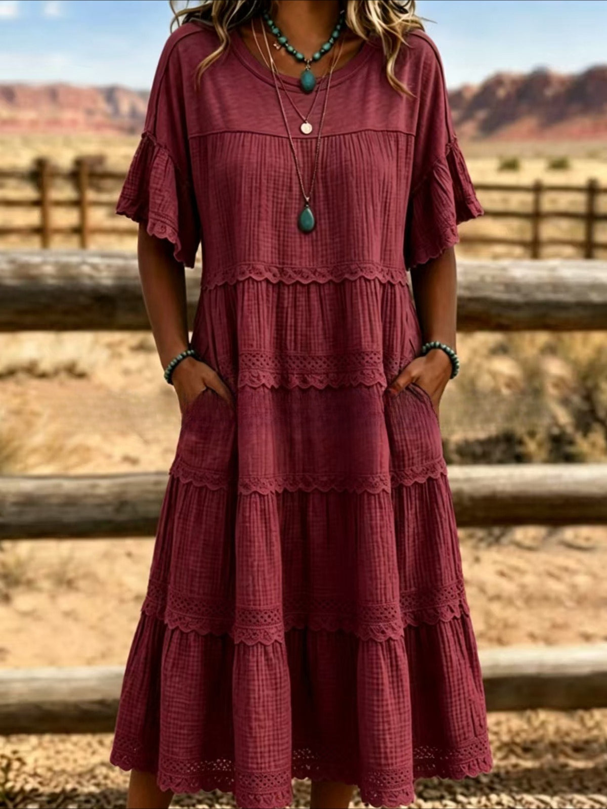 Round Neck Flutter Sleeve Lace Trim Tiered Midi Dress with Pockets