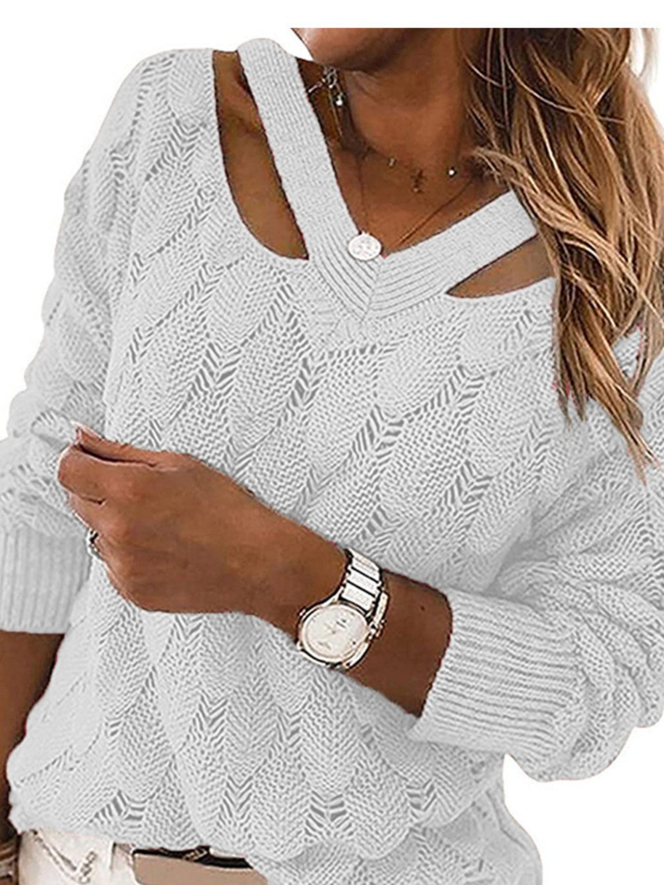 Cut Out Solid Knit Sweater, Casual V Neck Long Sleeve Sweater