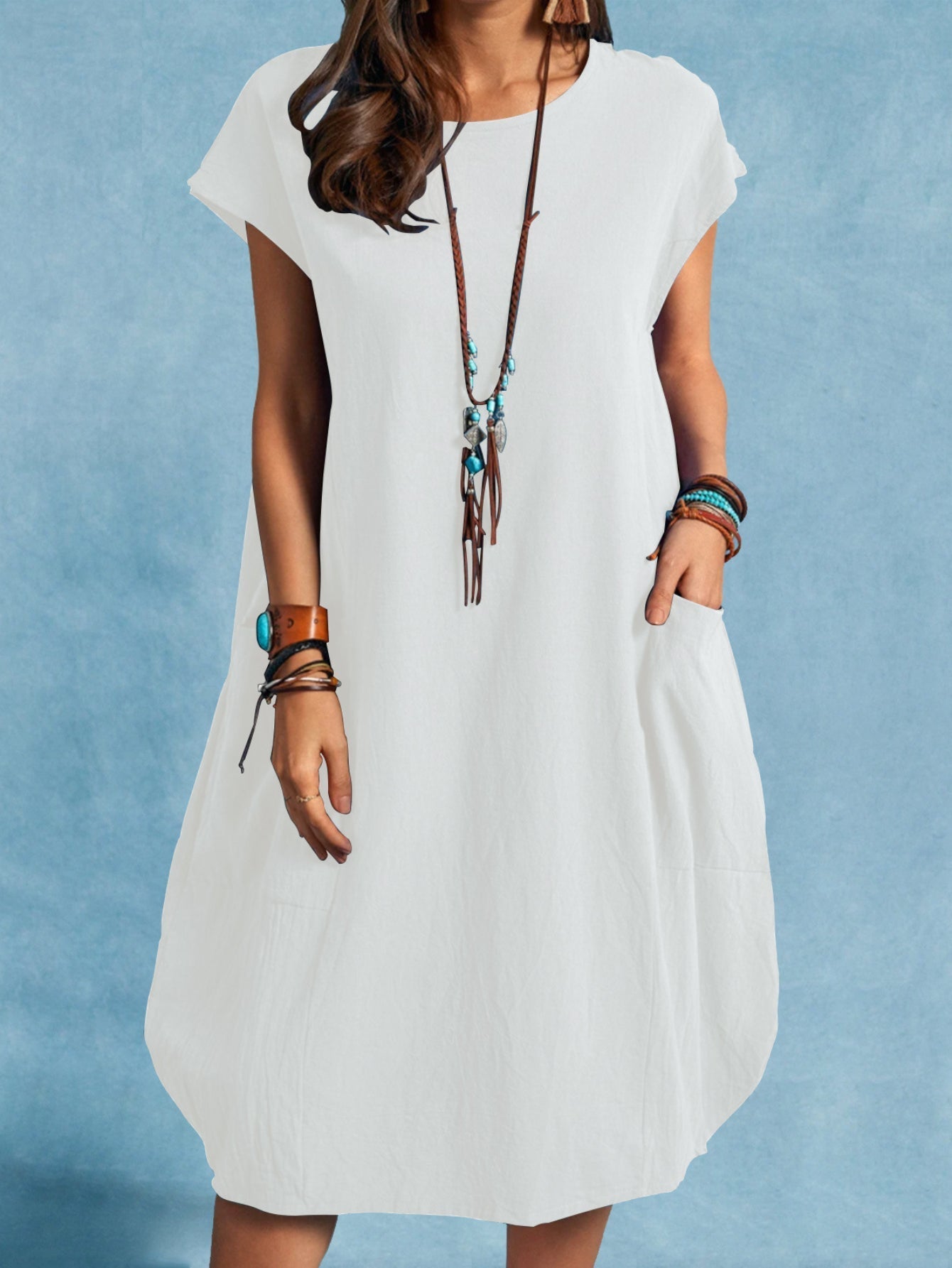 Dual Pockets Crew Neck Dress, Casual Short Sleeve Dress