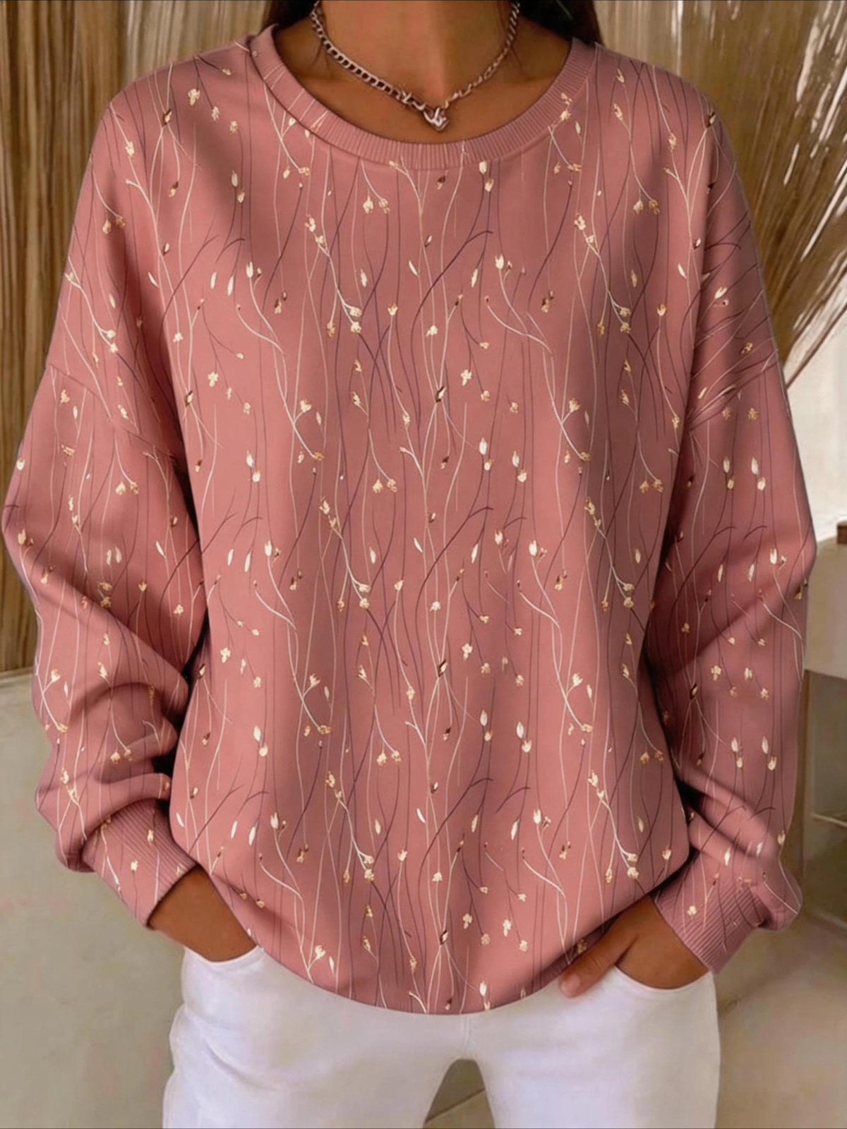 Casual Loose Leaf Crew Neck Regular Fit Sweatshirt