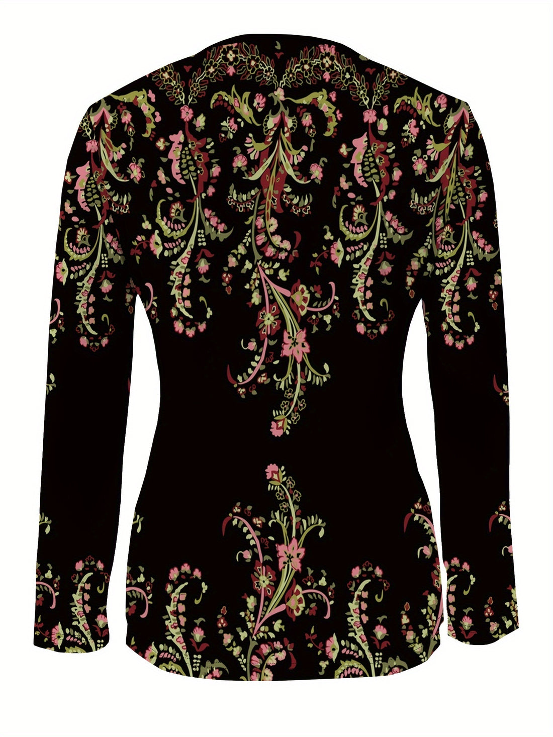 1pc Elegant Floral Pattern Long Sleeve V-Neck Zipper T-Shirt