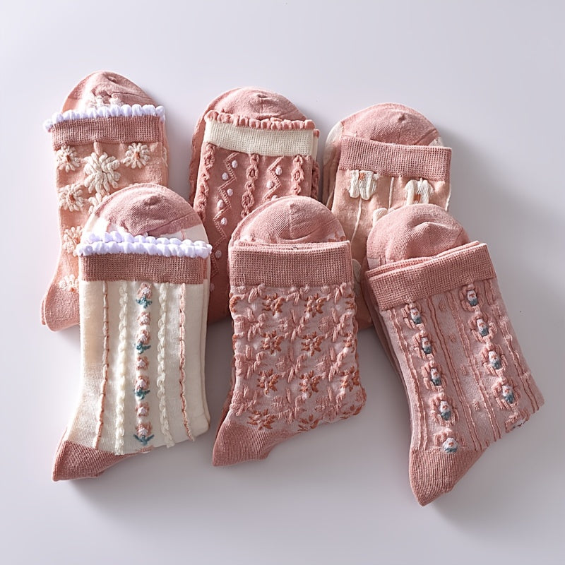 6 Pairs Flower Bubble Cable Crew Socks, Lightweight & Comfy Mid-tube Socks