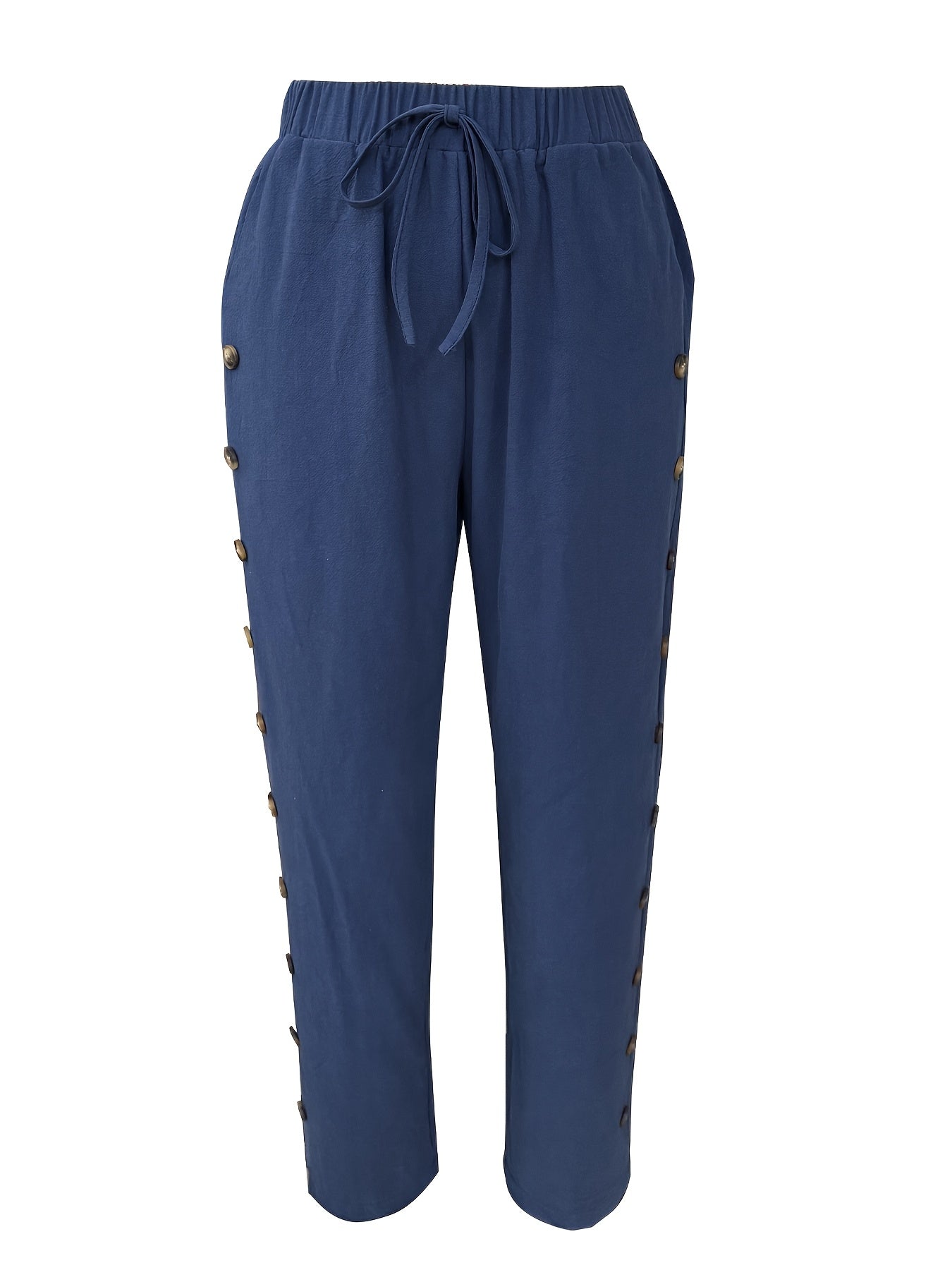 Women'S Elegant Casual Blue Straight-Leg Pants with Pearl Embellishments