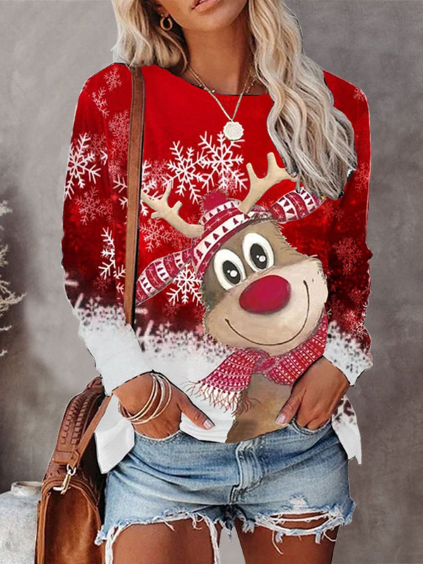 Christmas Pattern Crew Neck Pullover Sweater, Casual Long Sleeve Thin Sweater