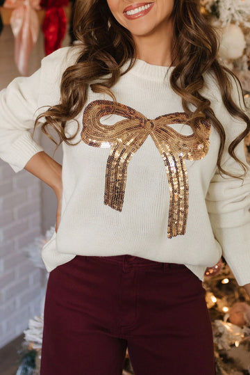 White Sequined Bow Graphic Christmas Holiday Sweater