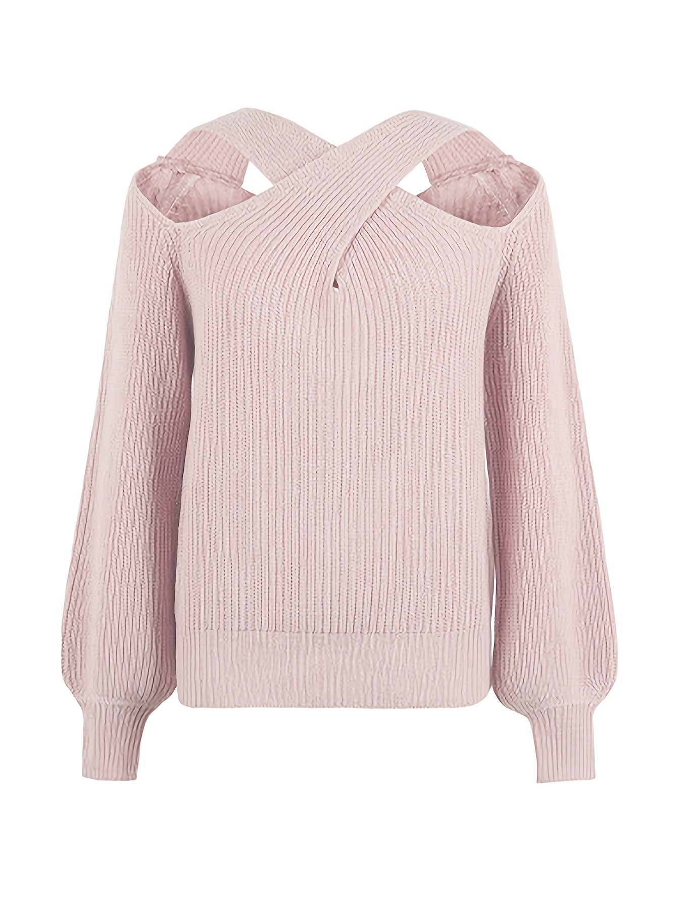 Criss Cross Neck Knitted Sweater, Elegant Cold Shoulder Long Sleeve Sweater