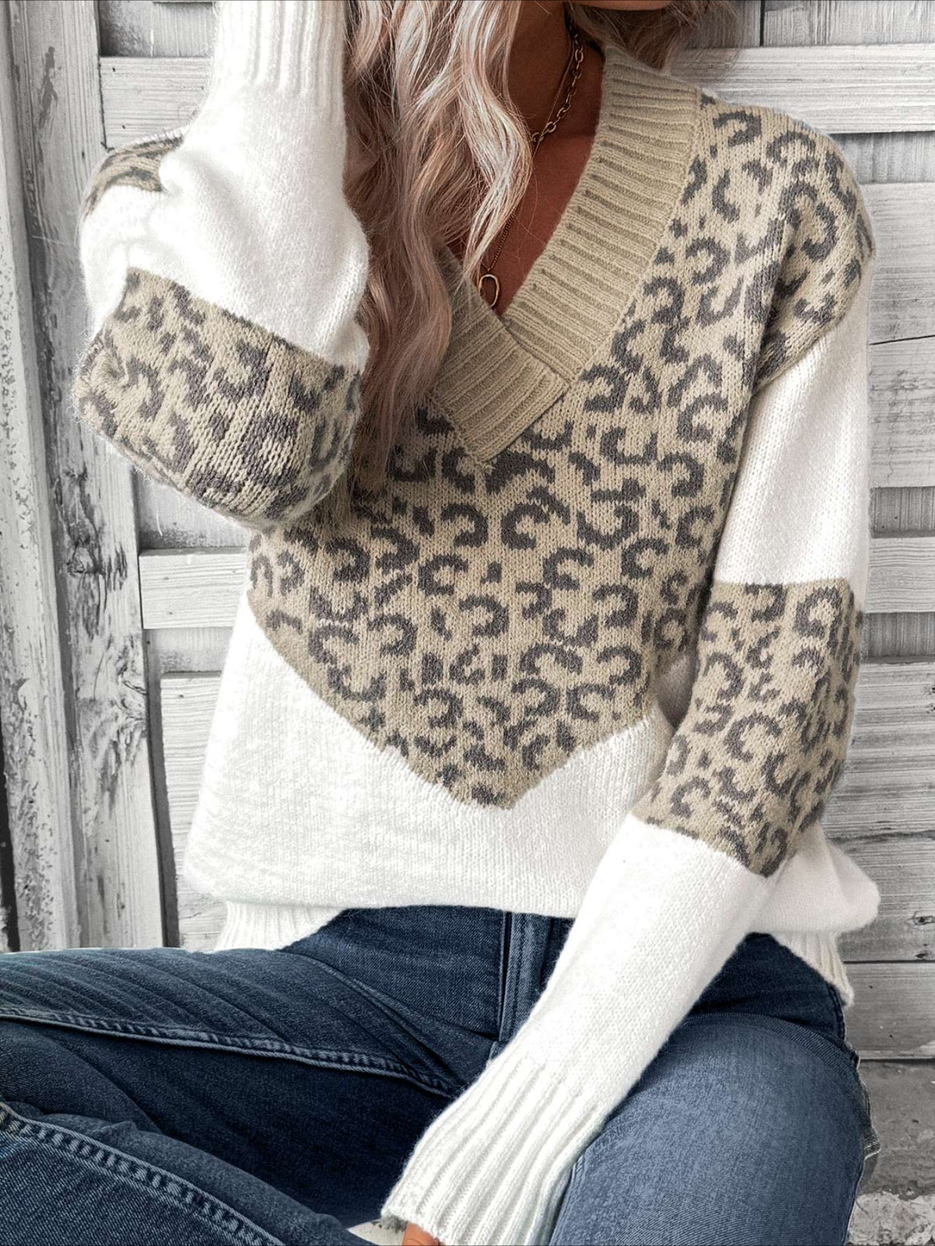 Patchwork Leopard Long Sleeve V Neck Sweater