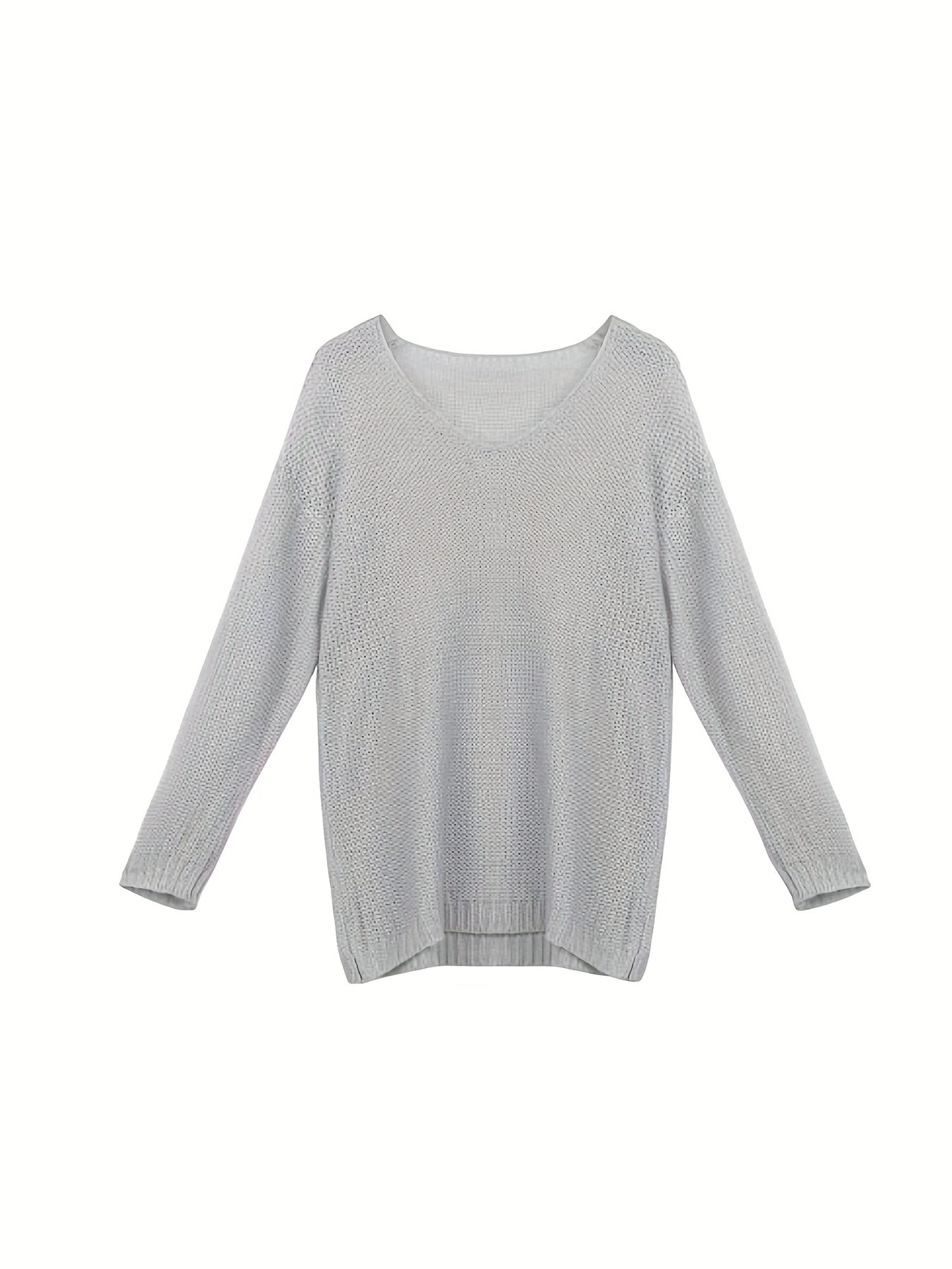 Solid V Neck Knitted Pullover Sweater, Casual Long Sleeve Sweater