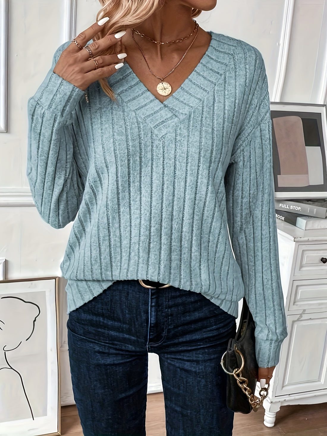 Solid Color V Neck T-Shirt, Casual Long Sleeve Ribbed Top