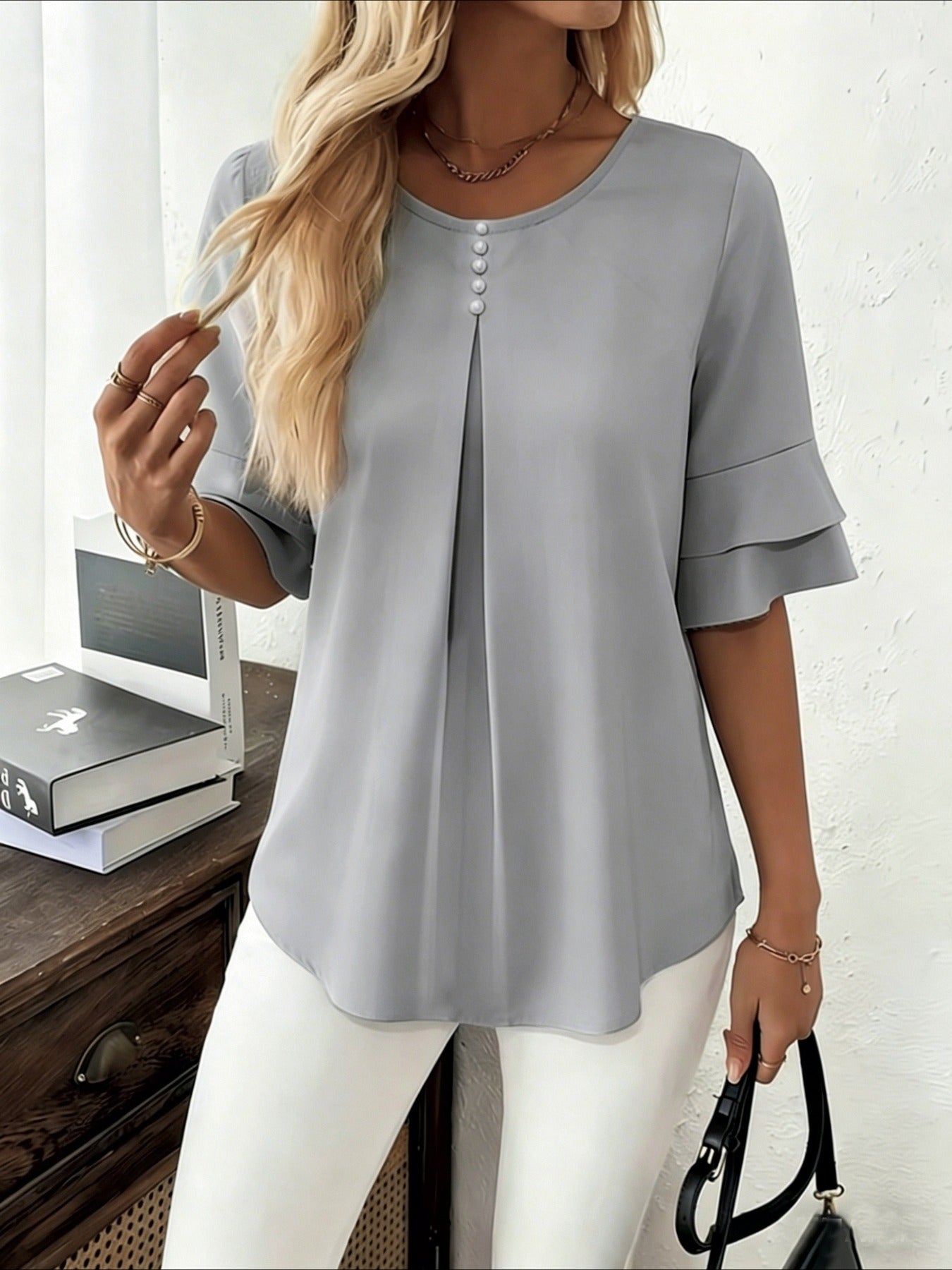 Elegant Fashion Summer Loose Solid Round Neck Button-Up Shirt Flared Sleeve Ruffle Top