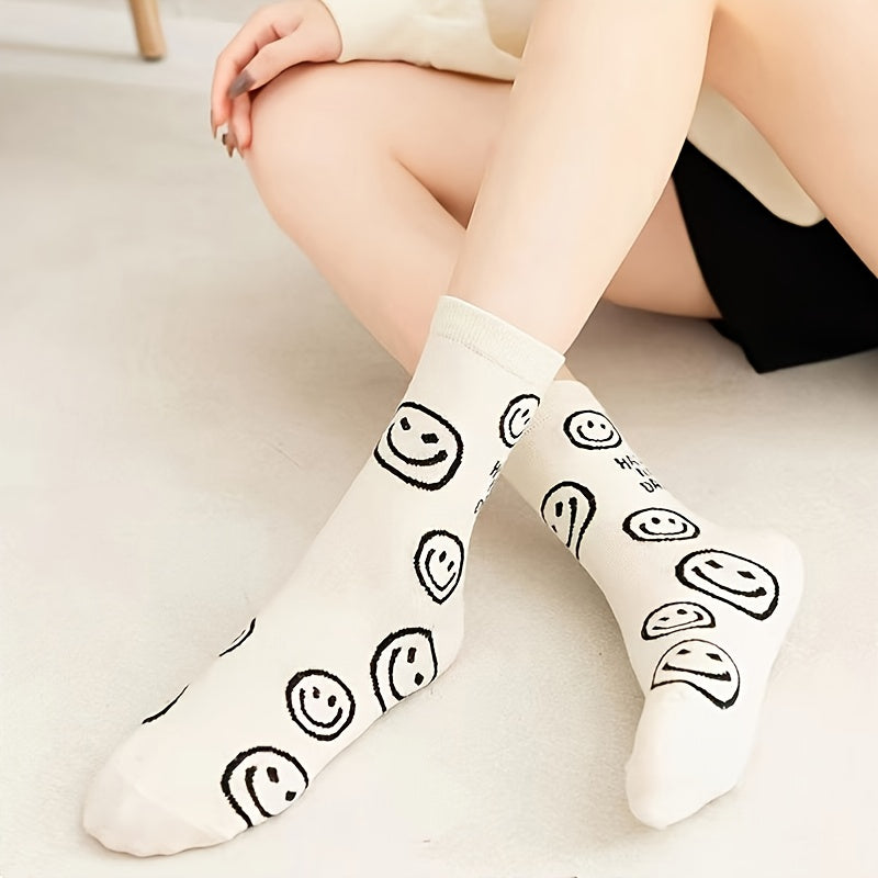 5 Pairs Happy Face Crew Socks, Cartoon Cat Breathable Cotton Mid Tube Socks