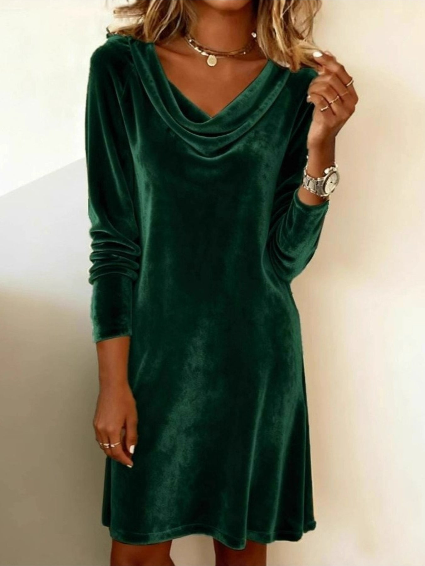 Long Sleeve Spring/Fall Golden Plain Split Joint Mini A-Line Fit & Flare Dress