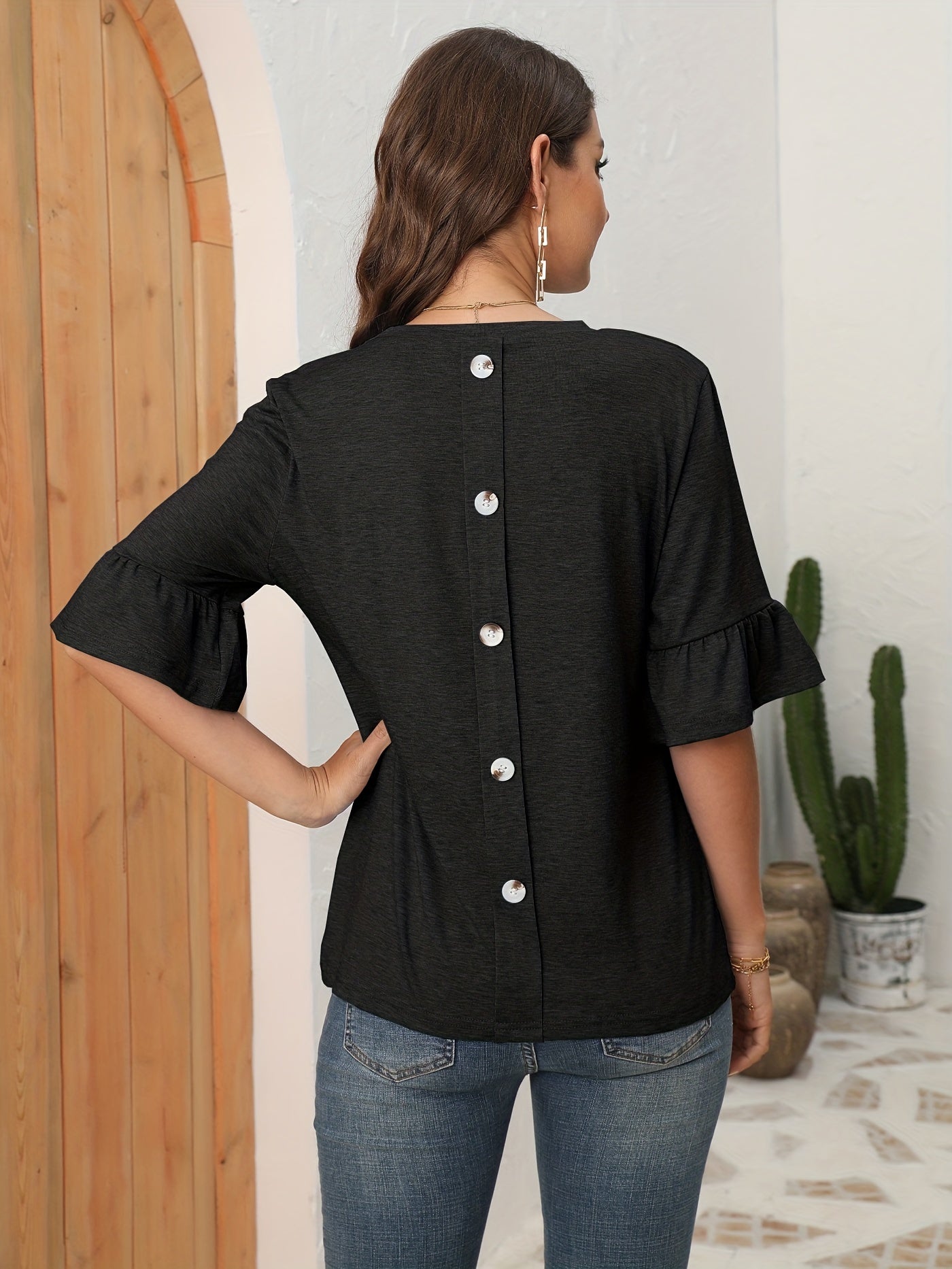 Button Back Solid T-shirt, Casual Crew Neck Half Sleeve T-shirt