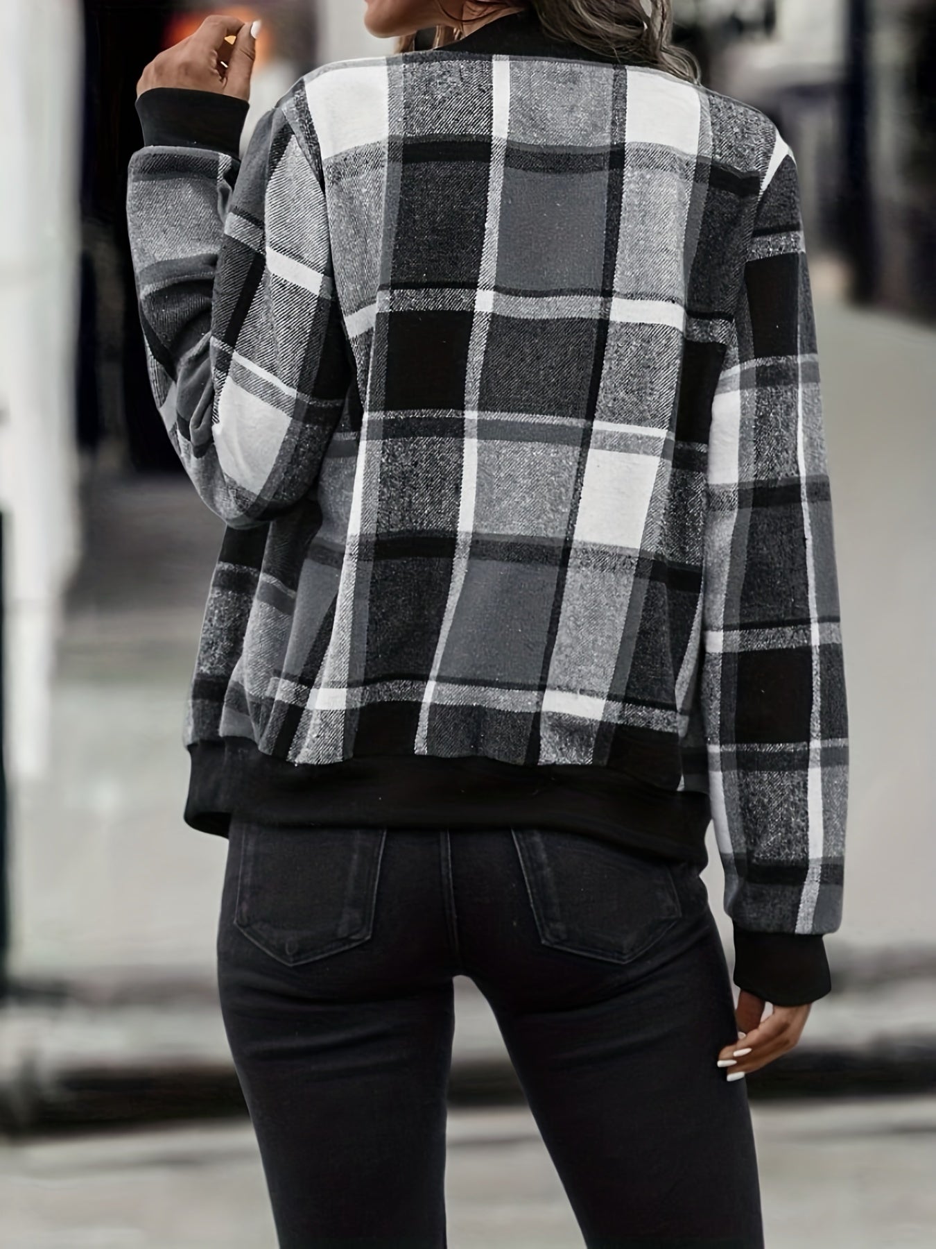 Plaid Print Bomber Jacket, Casual Zip Up Long Sleeve Outerwear