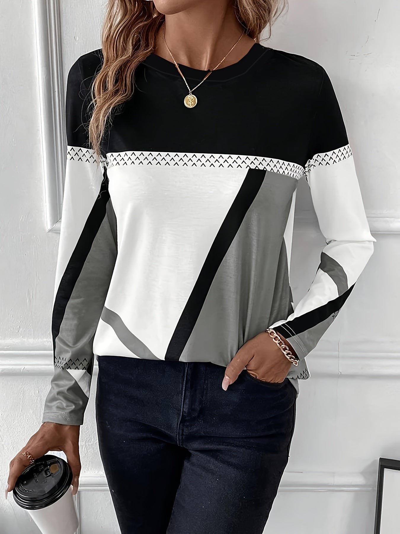 Color Block Crew Neck T-shirt, Casual Long Sleeve Top