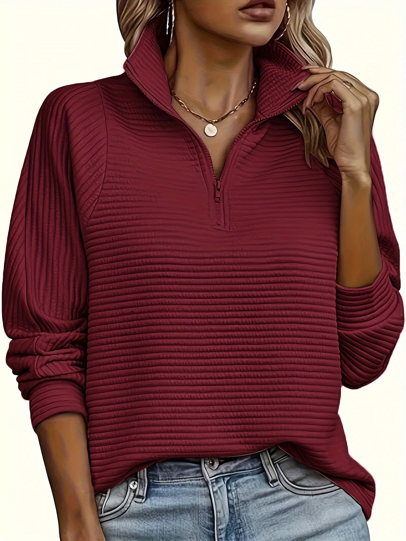 Long Sleeve Solid Color Funnel Neck Zipper Textured Sweatshirt - Soft Non-Stretch Polyester Fabric, Regular Fit, Half Placket, Casual Style