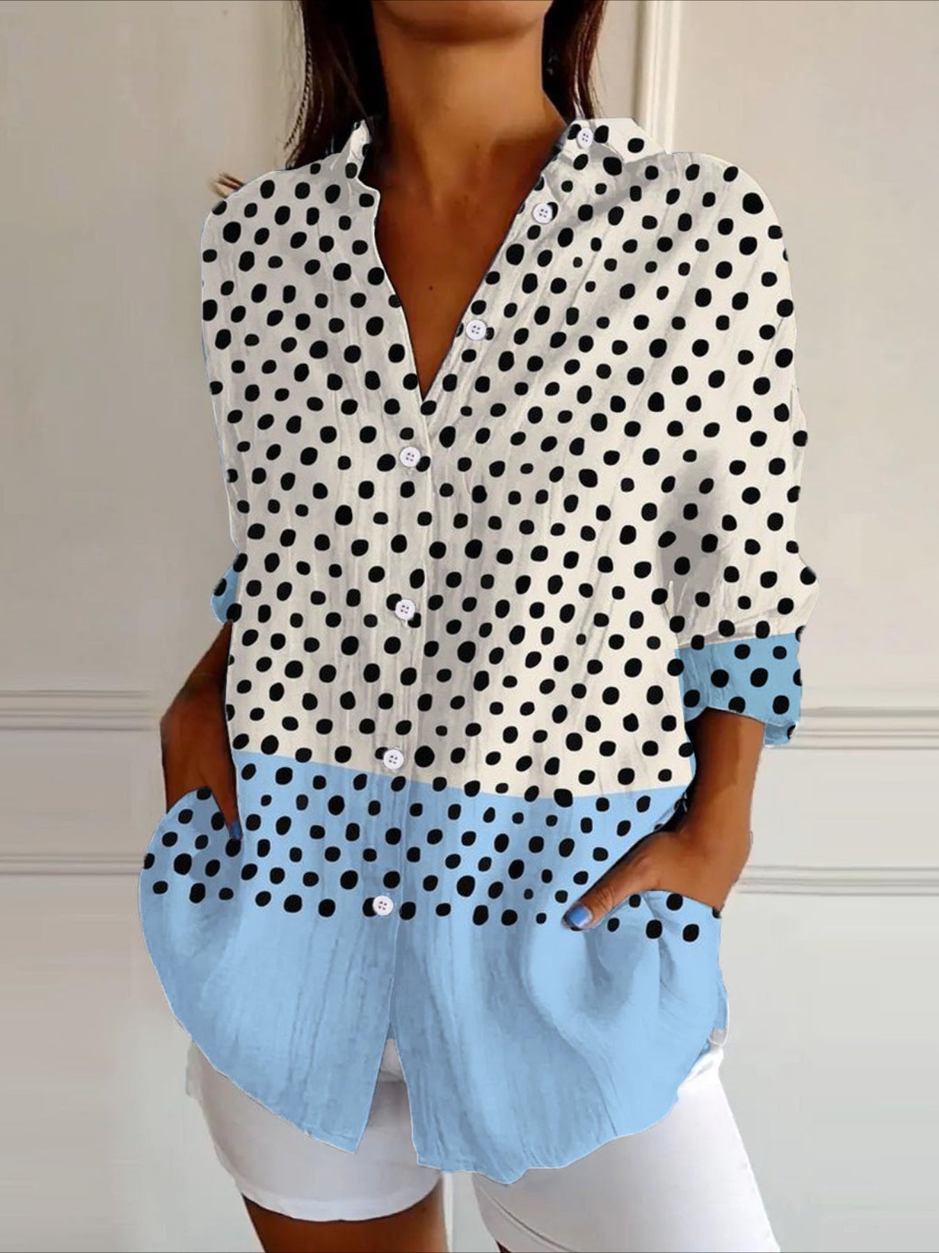 Lapel Multi Color Block Long Sleeve Regular Micro Stretch Loose Blouse