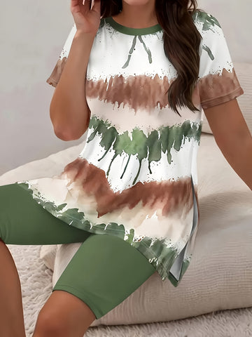 Casual Two-Piece Set Color Block Print Short Sleeve Top With Side Slit & High-Waisted Shorts