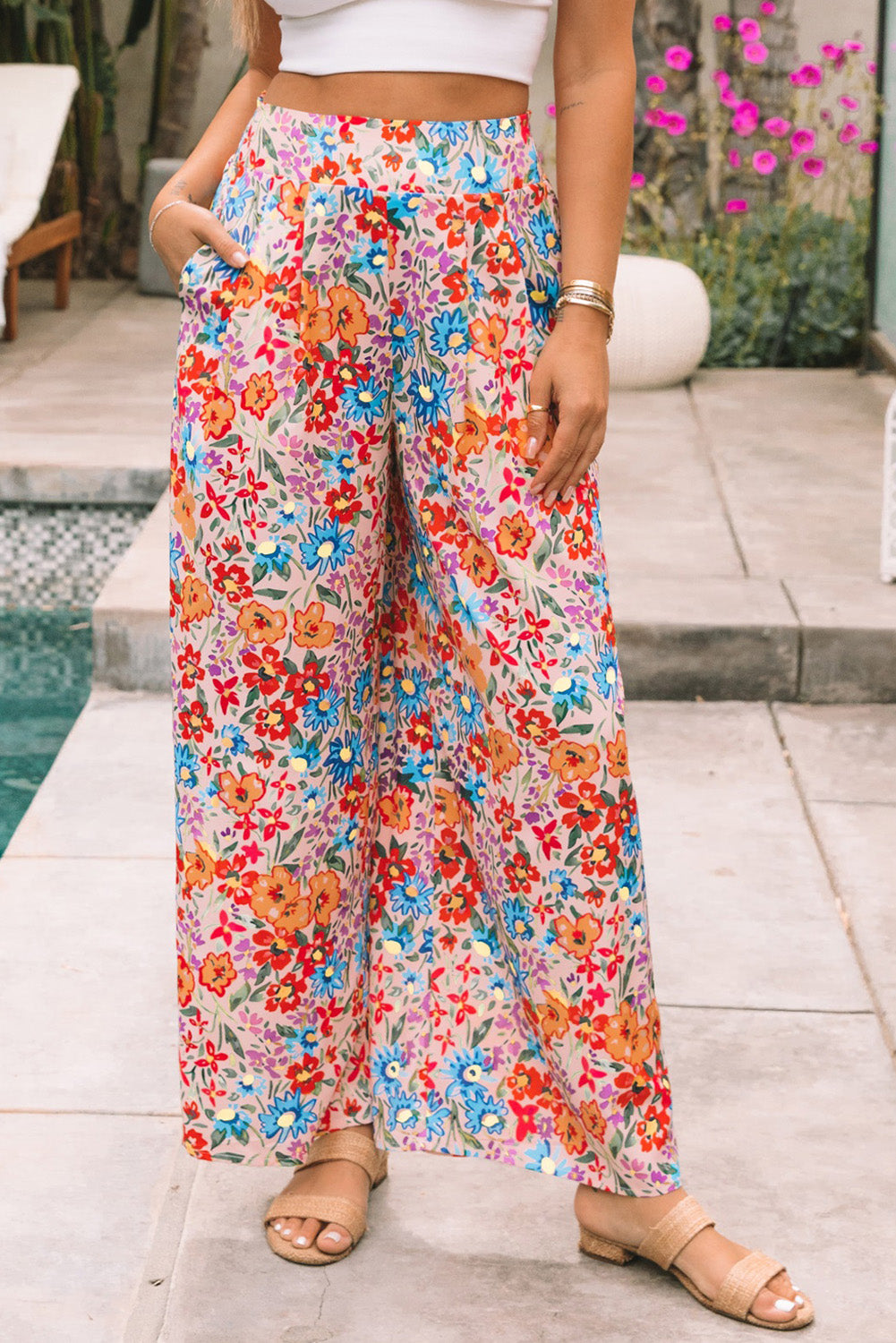 Multicolor Floral Print Pocketed Wide Leg Oversized Pants